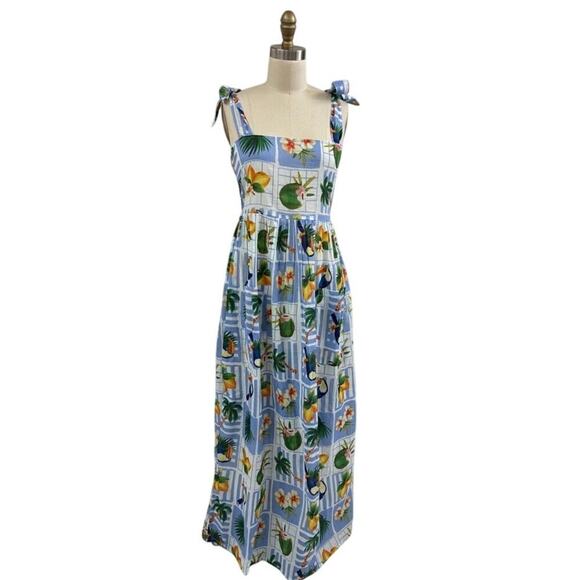 True Destinations Resort Wear Cotton Maxi Dress Tropical Print Tie Shoulder M - Picture 1 of 7